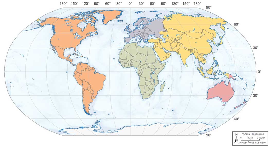 Mapa-múndi político com destaque para os continentes