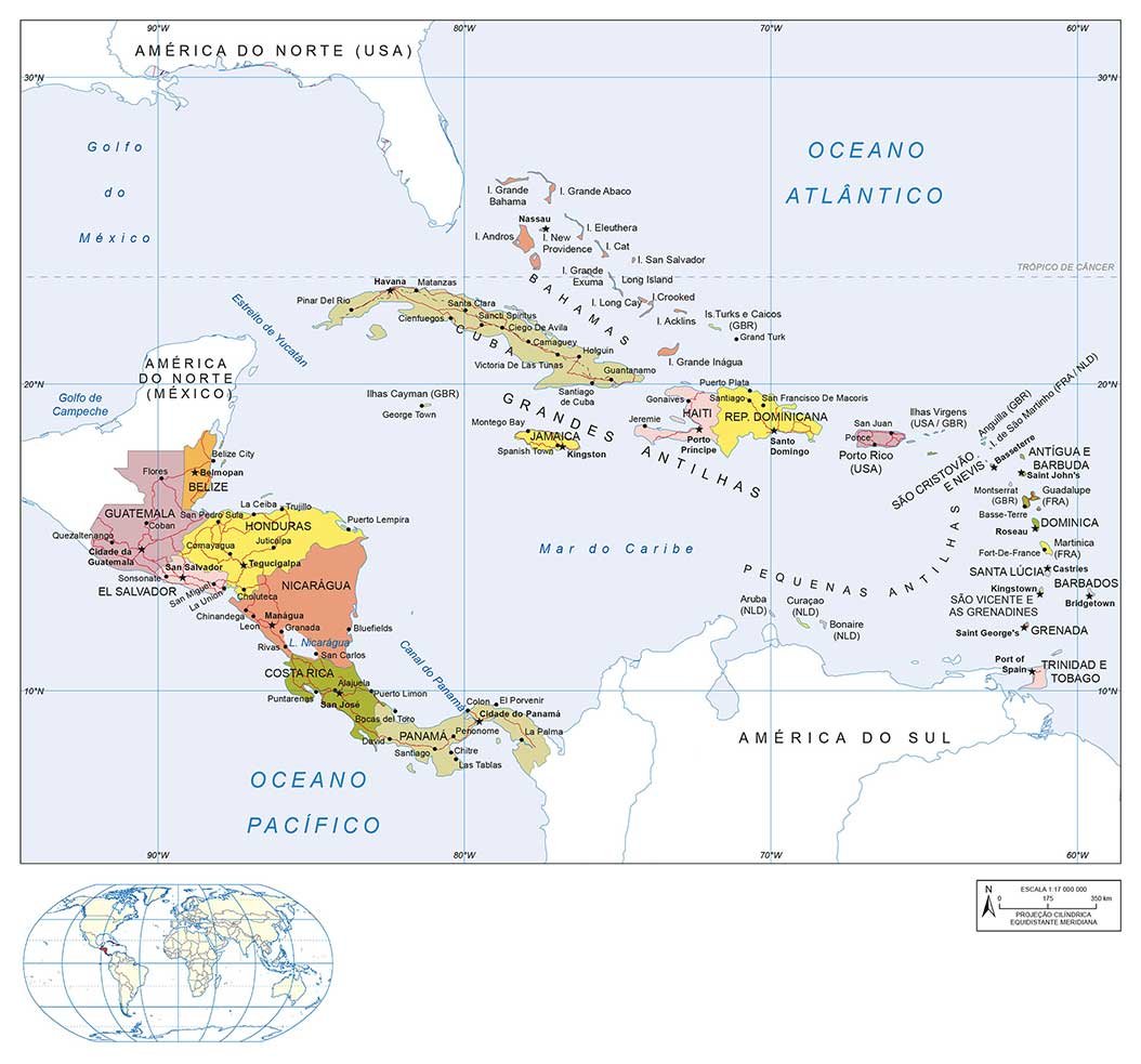 Mapa político da América Central e do Caribe