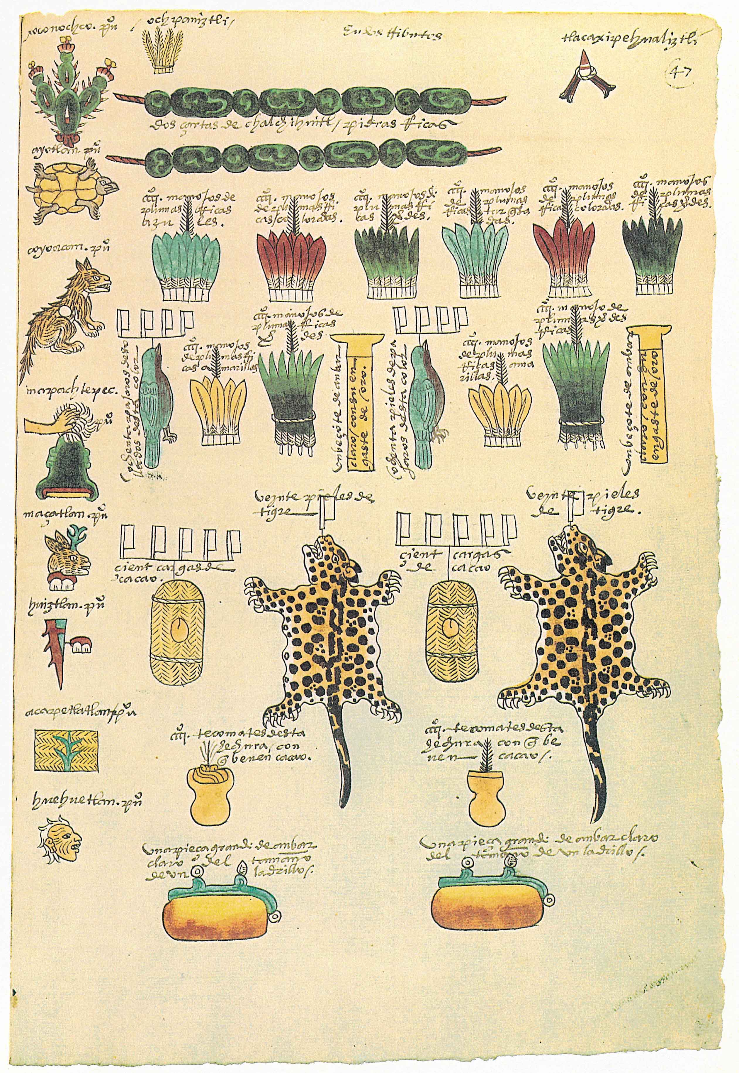 Códex Mendoza, fólio 47r — tributos pagos a Tenochtitlán